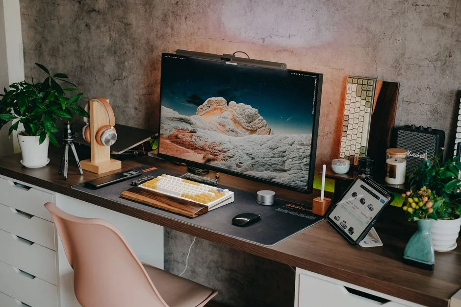 Vue en plongée d'un bureau élégant équipé de deux écrans, d'un clavier, d'une souris et d'accessoires modernes.