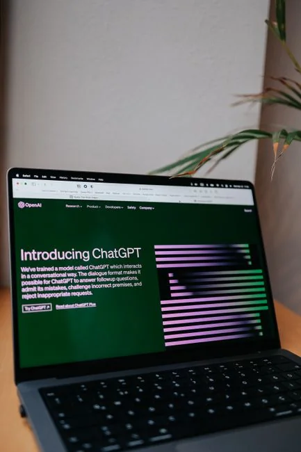 Dual monitors on a desk, showcasing web design in a modern office setting.
